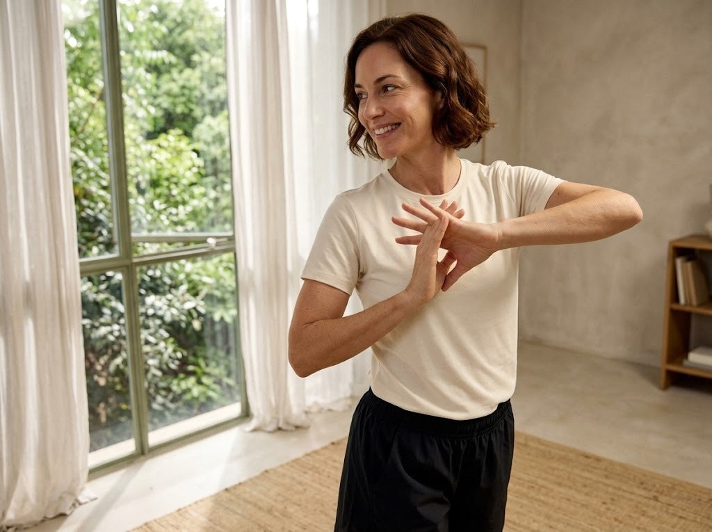Mujer sonriendo en una torsión suave de columna