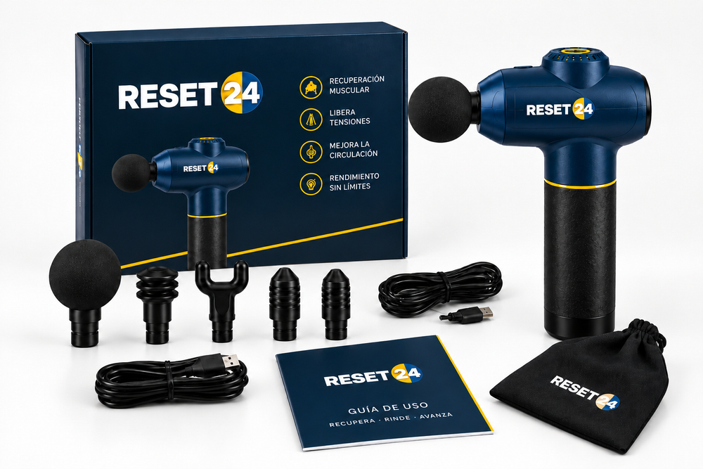 Pistola de masaje RESET24 con caja, cabezales, cable USB, bolsa y guía de uso