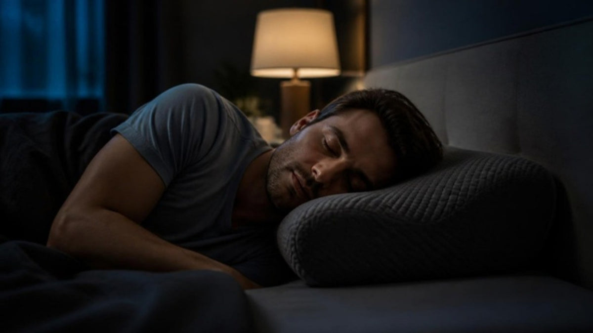 Hombre durmiendo de lado sobre una almohada cervical