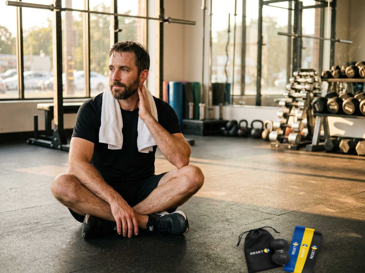 Hombre tras entrenar con el kit RESET24 en el suelo del gimnasio