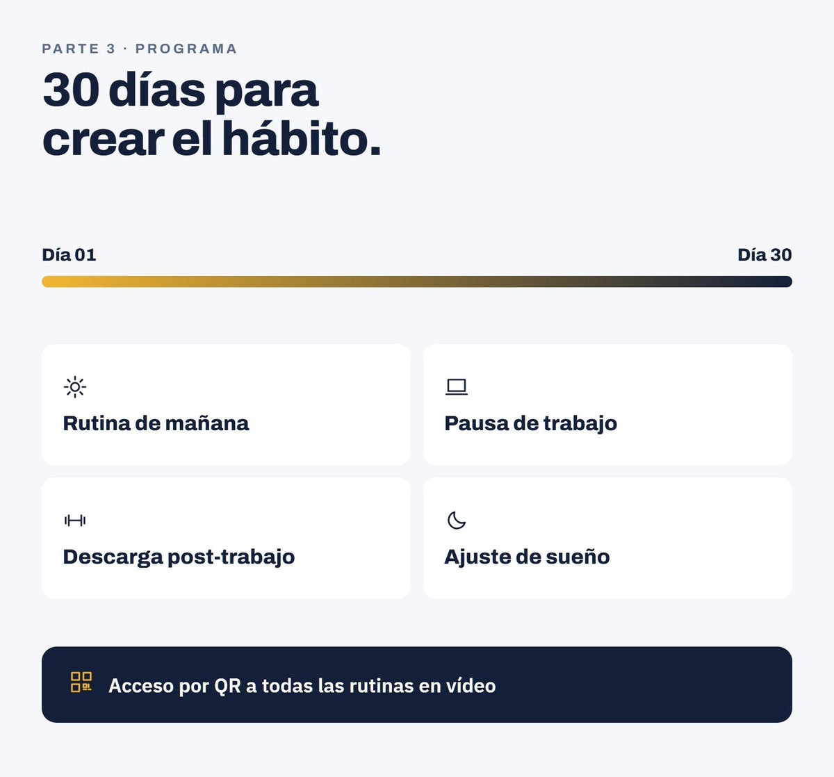 Programa de 30 días: rutina de mañana, pausa de trabajo, descarga y ajuste de sueño