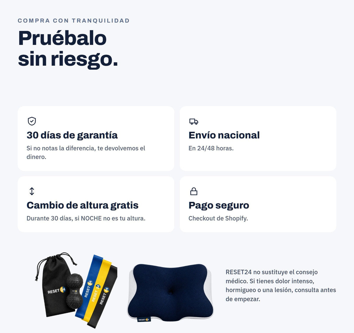 Garantía de 30 días, envío nacional 24/48 h, cambio de altura gratis y pago seguro